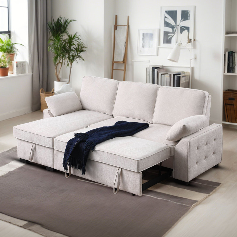 Aurora 91.5 " Reversible Chenille Upholstered Sleeper Sofa Bed with Storage Chaise, Beige