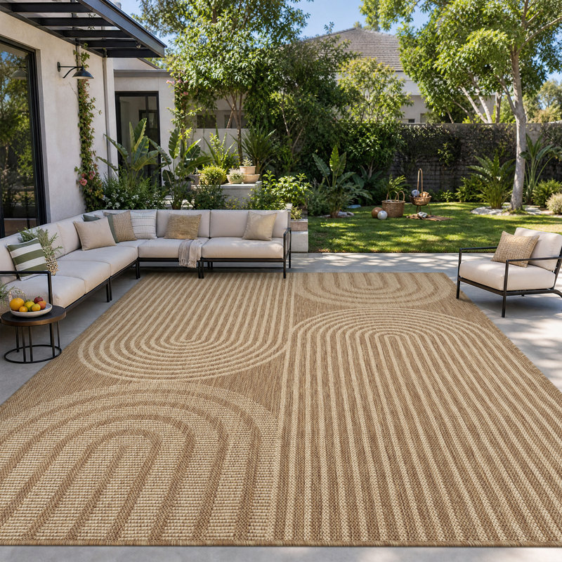 Tapis intérieur/extérieur beige/brun à motif géométrique arqué résistant aux UV, Brown/Beige, Rectangle 7'9" x 10'