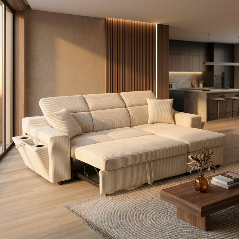 Ensemble de canapé extensible 3 pièces en velours côtelé blanc cassé pour le salon