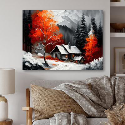 Monochère orange, chalet en hiver, art mural sur toile paysage