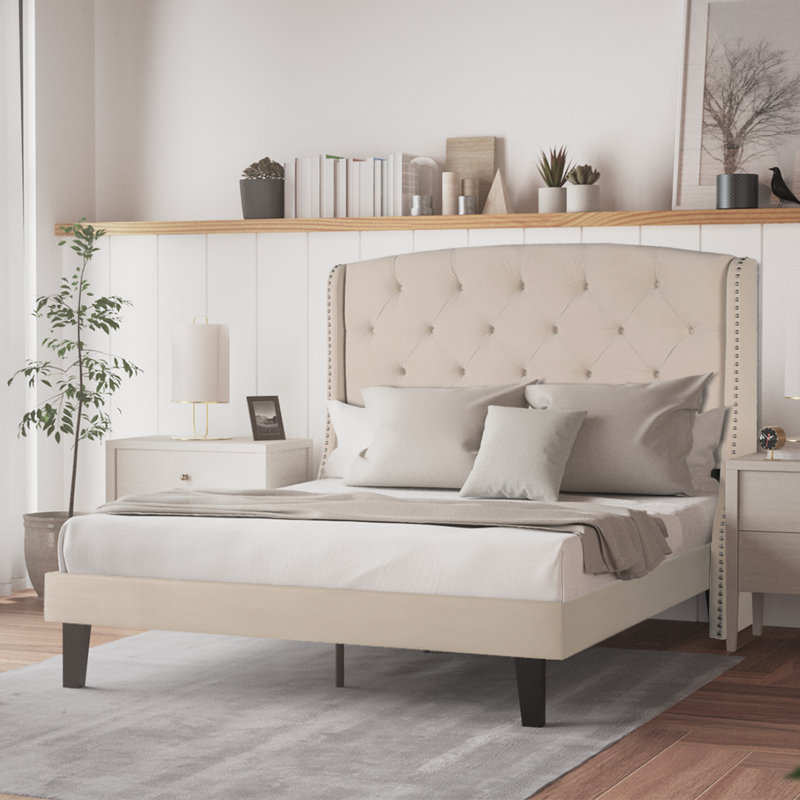 Peyton Upholstered Tufted Wingback Platform Bed with Solid Deck (8" Leg), Beige, Queen