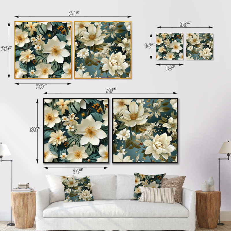 Alencon - Ensemble de 2 collages floraux carrés, H 16 po x l 33 po, Cadre flottant brun