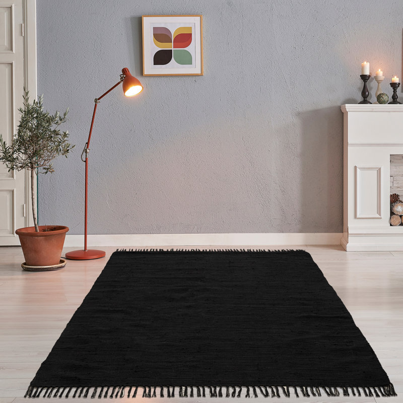 Coll Handwoven Cotton Black Rug, Rectangle 160 x 230cm