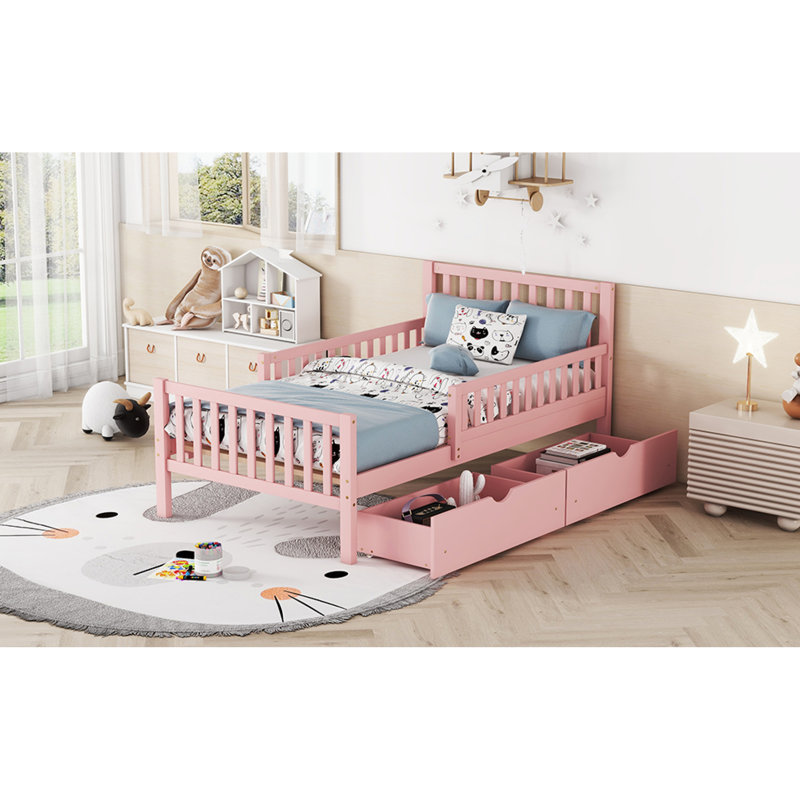 Space-saving Twin Wood Platform Bed With Guardrails And Storage, Pink - Modern Design For Cozy Bedrooms