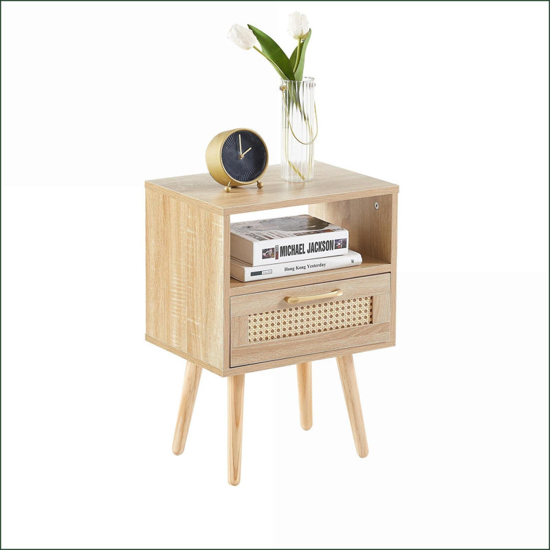 Table basse en rotin noir avec pieds en bois massif Tiroir, rangement robuste pour le salon