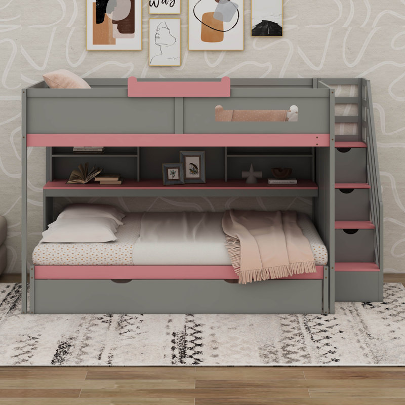 Lit superposé double avec lit gigogne et escalier, lit superposé en bois avec tablettes de rangement et DEL, Gris