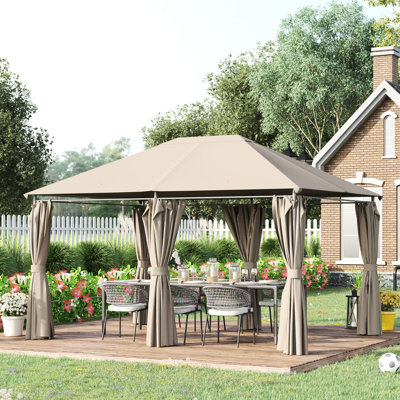 Pavillon de jardin extérieur 10 pi x 13 pi avec 6 panneaux latéraux amovibles et support en acier. Pour le jardin, la pelouse, la cour, la terrasse. Élégant. Toile en PA. Parois latérales amovibles kaki. Cadre au design ravissant,