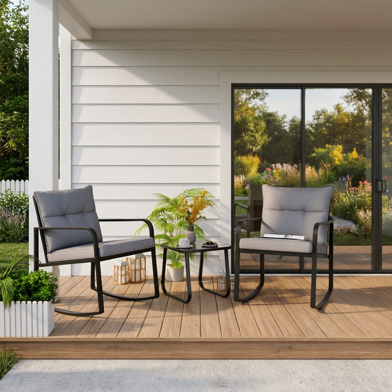 Ensemble de chaises berçantes d'extérieur pour 2 personnes avec coussins gris moelleux épais, chaises berçantes de patio moderne en métal noir avec plateau en verre