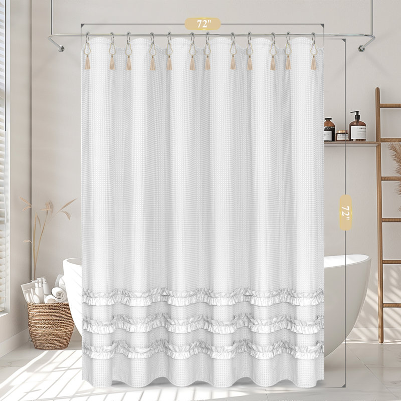 Rideau de douche à volants et pampilles avec 12 crochets en métal, Blanc, H 72 po x l 72 po
