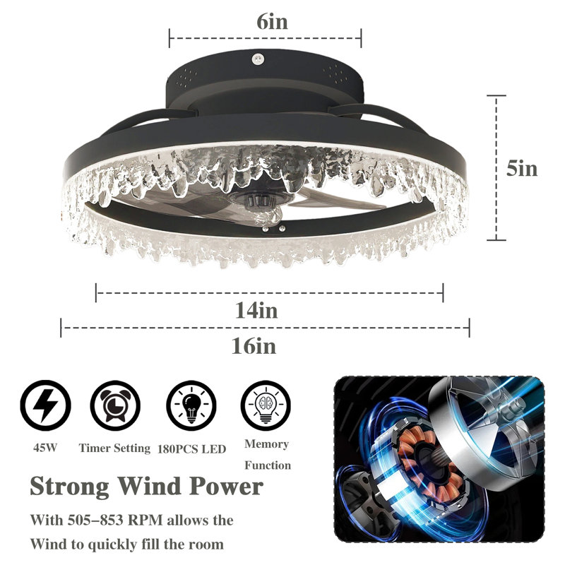 Indoor Flush Mount Ceiling Fan with Light, LED Acrylic Shade, Hidden Blades Ceiling Fan with Remote Control, 15.72 Wide