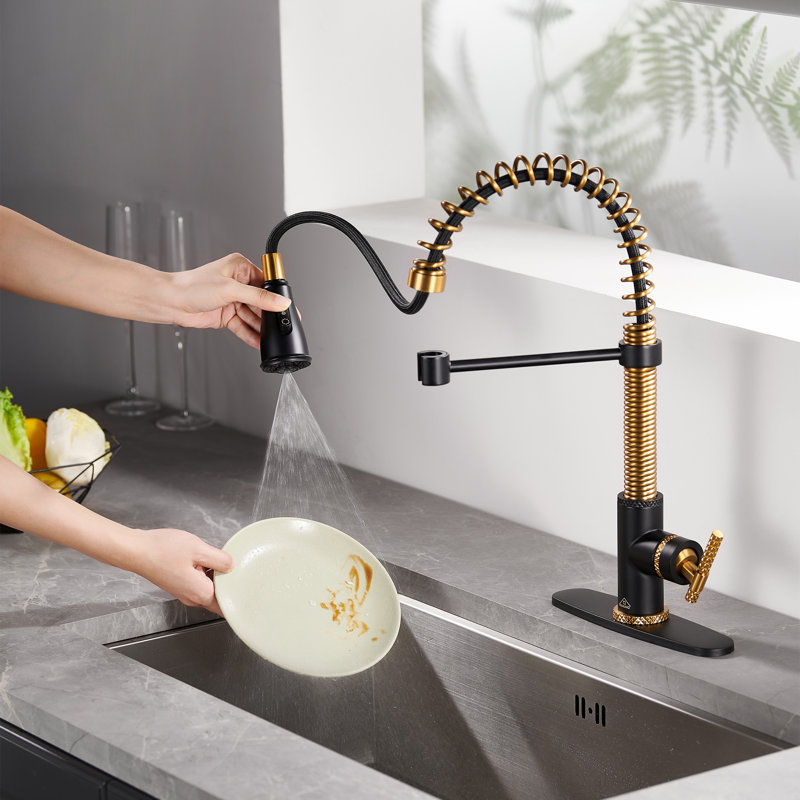 Bolden CASAINC 1.8 GPM Britt Commercial Style Pull Down Single Handle Kitchen Faucet, Matte Black/Brushed Gold