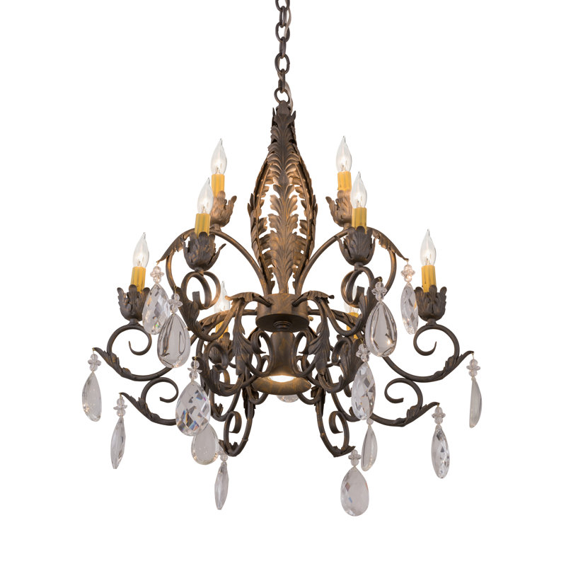 Country French Bronze 10-Light Crystal Chandelier with Cream Shades