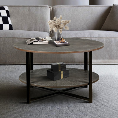 "d x 31.5"w x 18.3"h round coffee table with 2-tier storage, farmhouse style with black metal legs in antique brown