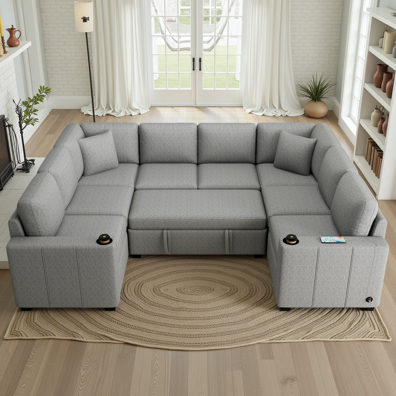 Canapé-lit modulaire en U de 107 po avec canapé-lit - Ports USB intégrés et porte-gobelets pour des soirées douillettes, Gris