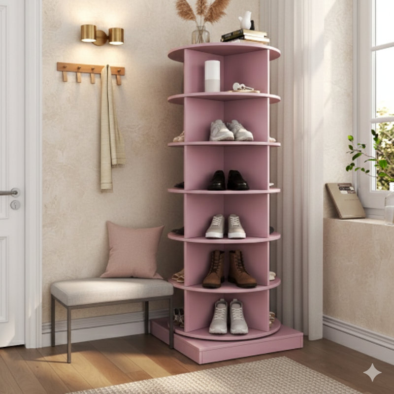 Carrousel de rangement de chaussures pivotant à 360 degrés en rose avec six niveaux, Rose