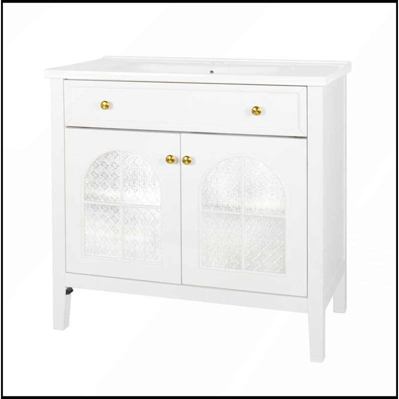 Meuble-lavabo de salle de bain de style Mid-Century avec verre à motif, lumière à capteur de mouvement et amplement de rangement pour un décor moderne