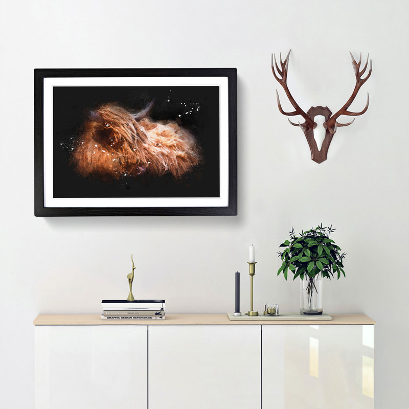 Highland Cow In The Shadows Paint Splash - Picture Frame Graphic Art, Black Framed, 62cm H x 87cm W x 2cm D