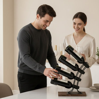 Modern 4 Bottle Tabletop Wine Rack - Black Metal Freestanding Wine Bottle Holder for Kitchen, Dining Room and Bar