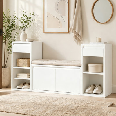 Banc de rangement tout-en-un avec coussin, compartiments, tiroirs et tablettes ouvertes, banc de rangement