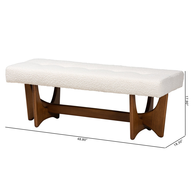 Cream Boucle Fabric and Walnut Wood Bench with Button-Tufted Seat