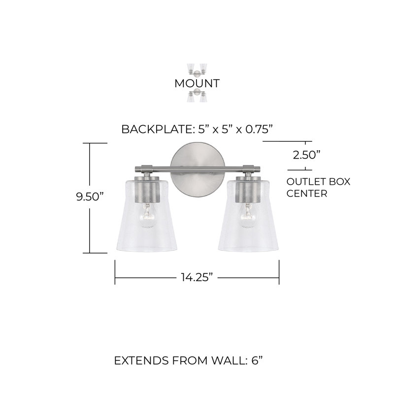 Meuble-lavabo 2 lumières l 14 po x H 9,5 po en noir mat avec verre bullé transparent, Nickel brossé