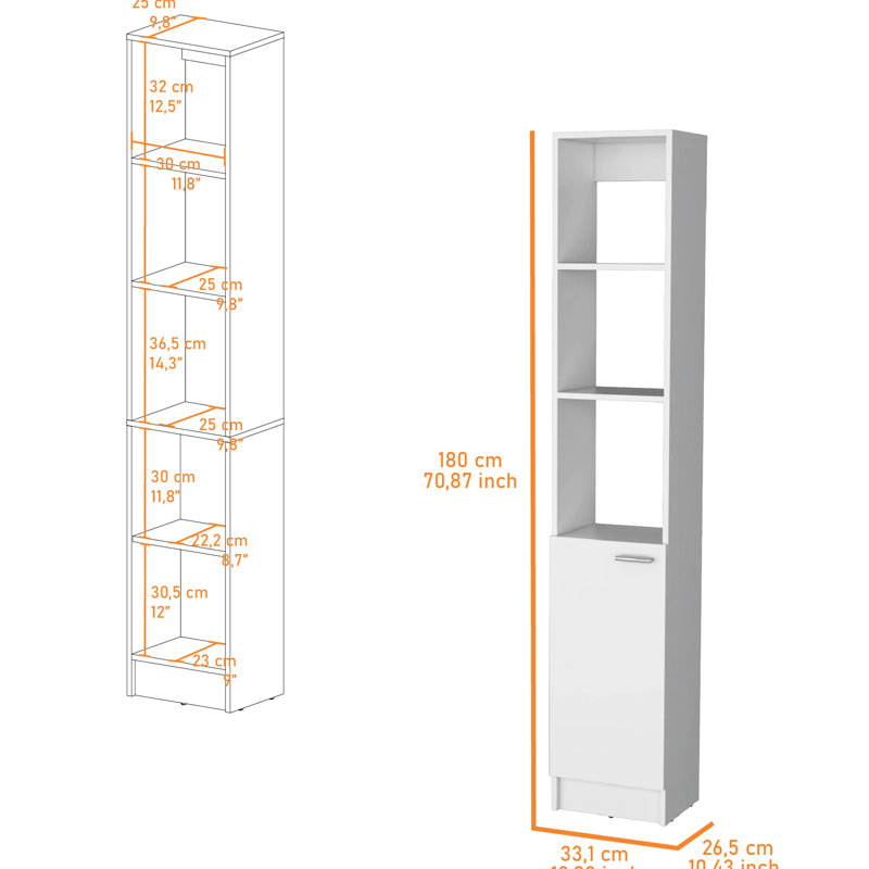 Armoire à linge 1 porte pour salle de bain - Unité de rangement à 5 tablettes, Blanc