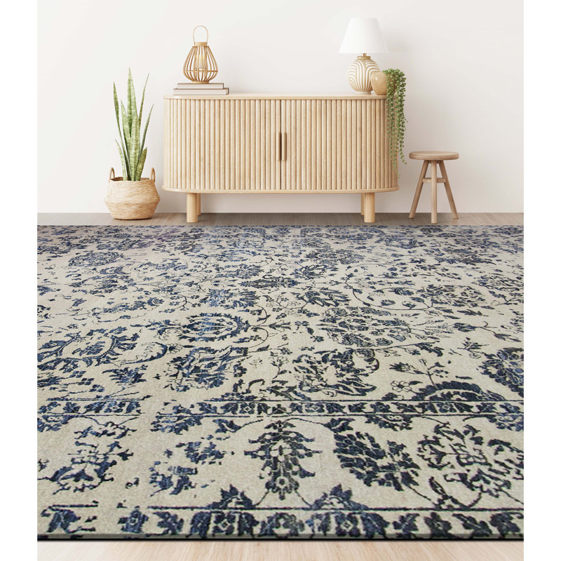 Tapis ivoire / bleu marine noué à la main de haute qualité, Rectangle 8 pi x 10 pi
