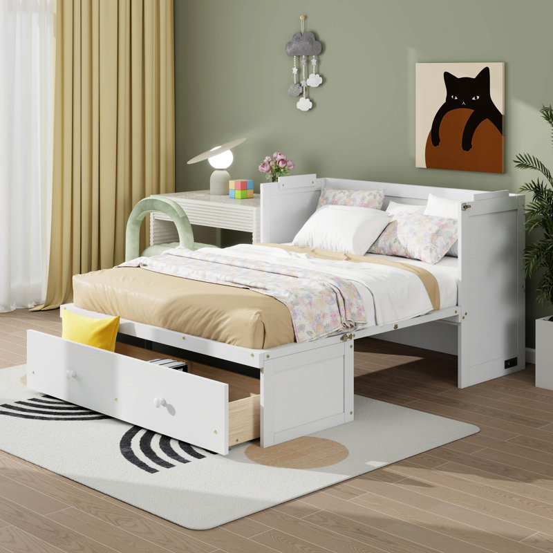 Armoire murale Murphy, commode murale en pin massif avec port USB, station de charge et grand tiroir de rangement, Blanc