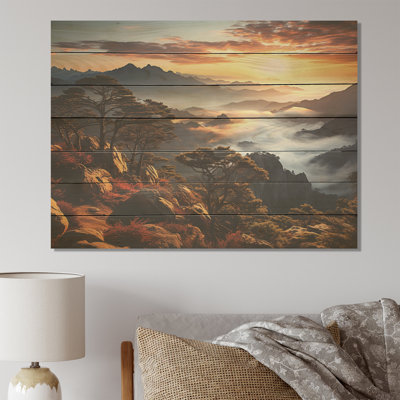 «Mountain Majesty Sunsets Embrace III» - Forêt et rivière sur bois
