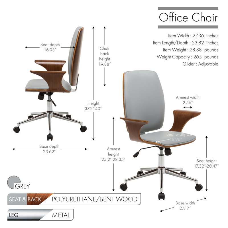 Klakke Faux Leather Mid-Century Office Chair, Grey