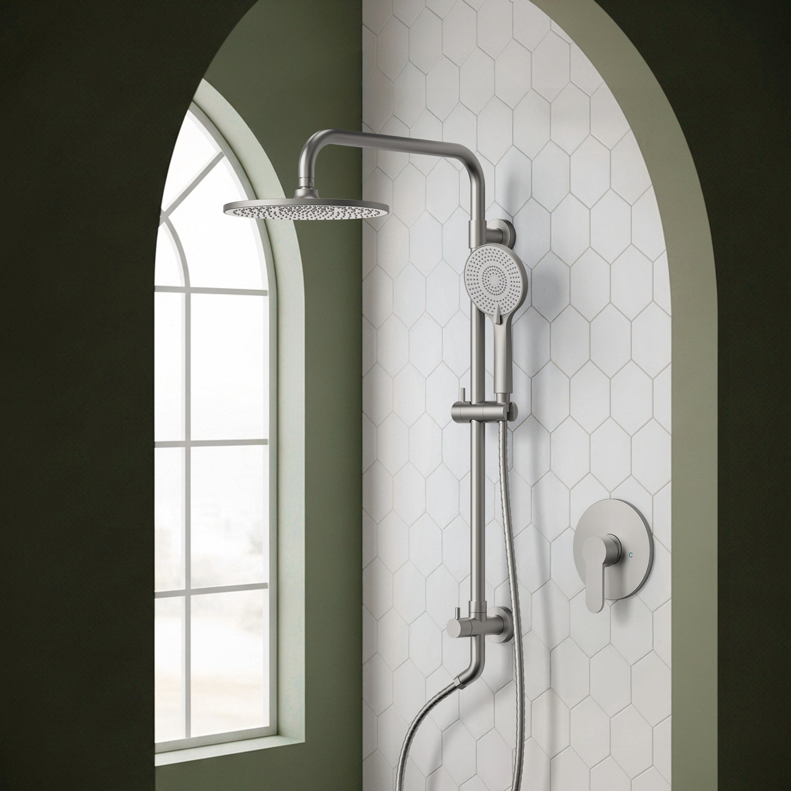 10" Wall Mount Rainfall Shower System, Brushed Nickel