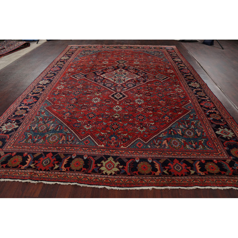 Tapis rouge en laine noué à la main de conception unique 8 pi 11 po x 12 pi 4 po années 1920