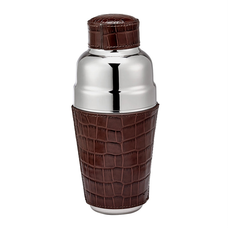 Graphic Image Cocktail Shaker, Leather, Brown Embossed Croc Leather, Brown