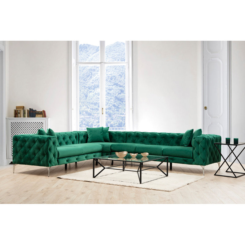 Modern Corner Sofa with Beech Wood Frame & 100% Polyester Fabric, 122.0 x 27.6 x 106.3 inches | Includes 6 Removable Cushions (17.7 x 17.7 inches) | Portable, Dry-Cleanable, Stylish Green Design, Metal Legs