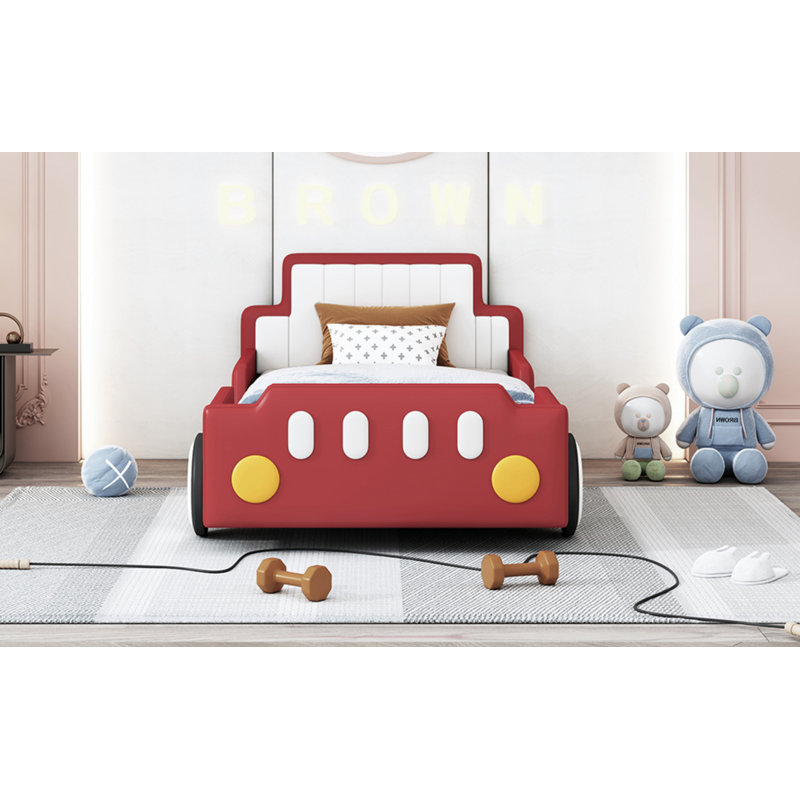 Twin Bed Frames For Boys, Race Car Platform Bed With Wheels, Soft Pu Leather Headboard And Footboard, Kids Car Bed Twin Size No Box Spring Needed, Easy Assembly, Red