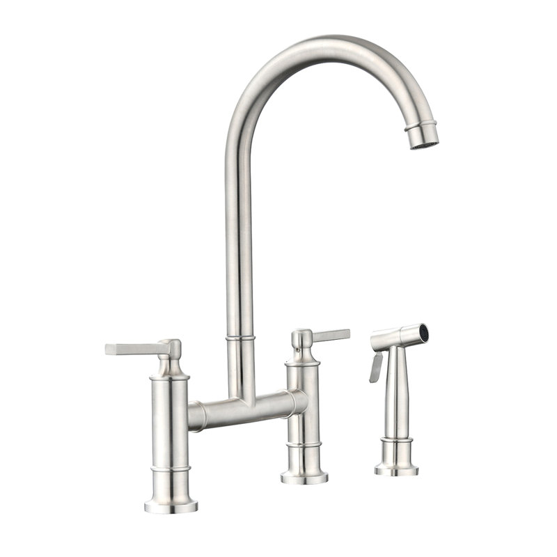 Double Handle Bridge Kitchen Faucet With Side Spray
