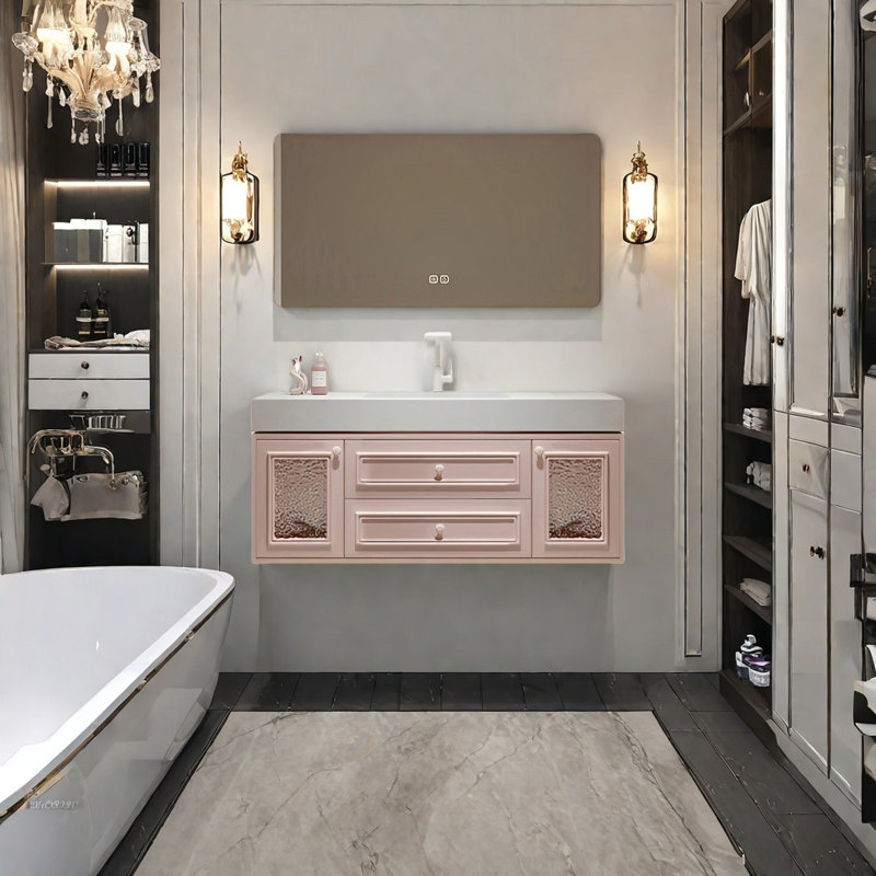 Armoire de salle de bain de style français crème, H 19,68 po x l 47,24 po x P 21,65 po, Rose clair