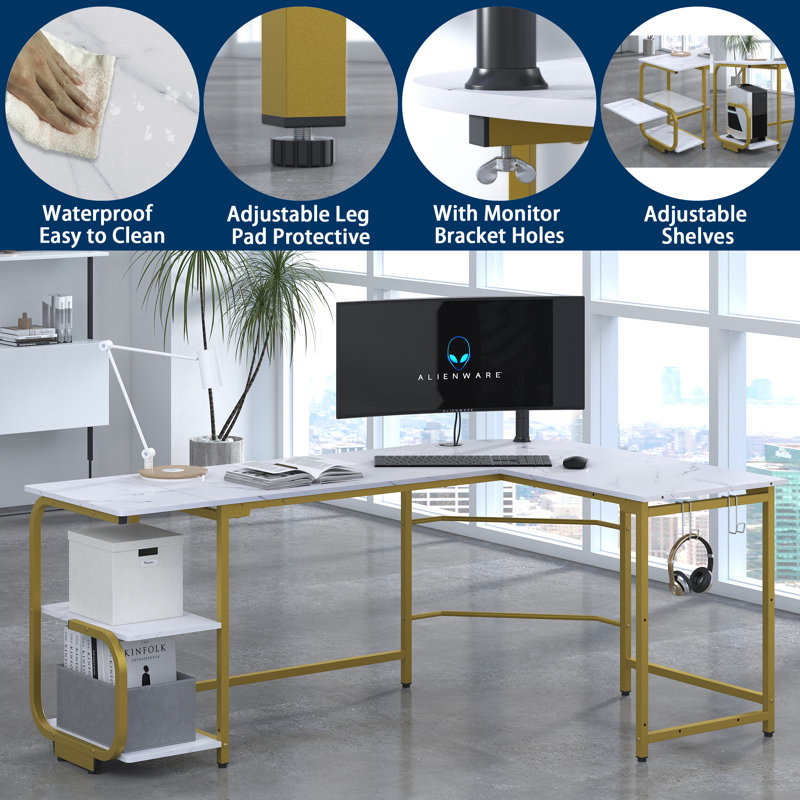 Violetrose Modular L-Shaped Stainless Steel Computer Desk, White/Gold