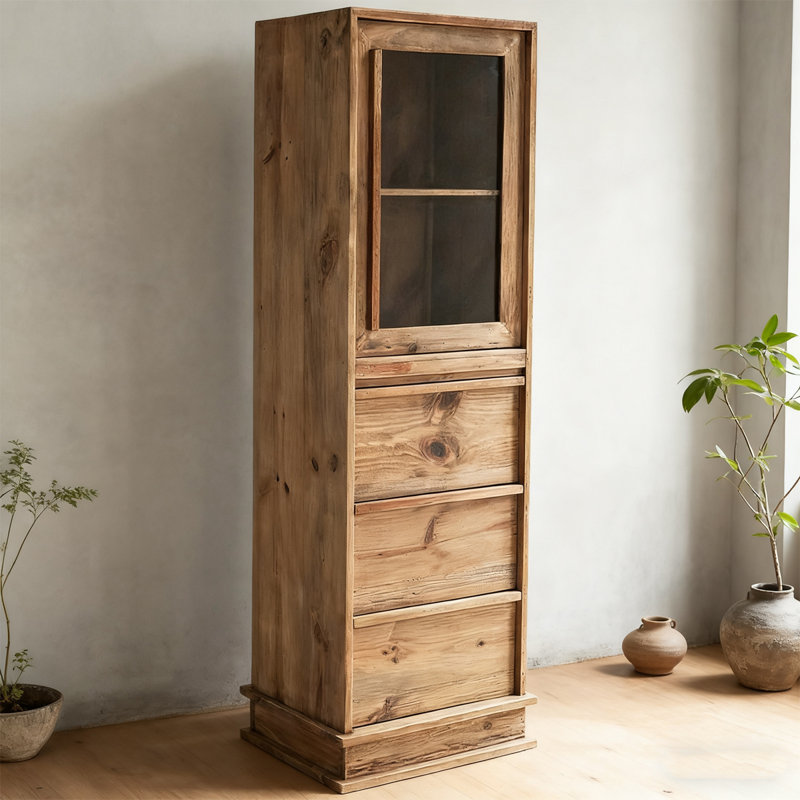 Rustic Glass-Door Narrow Cabinet, Three Drawers