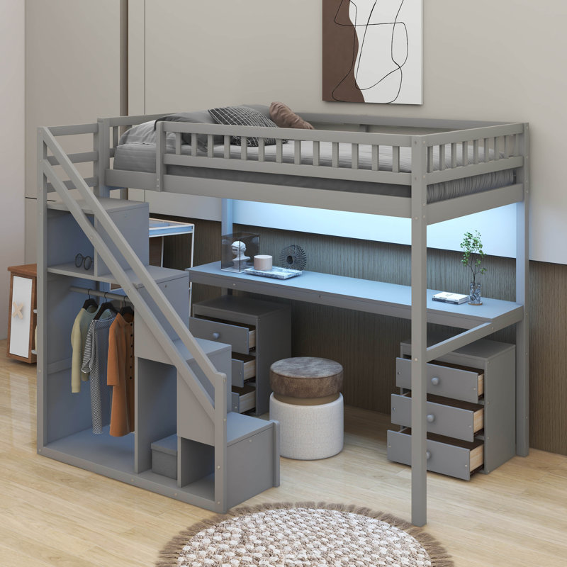 Lit mezzanine simple avec deux commodes, bureau et bande lumineuse, Simple, gris