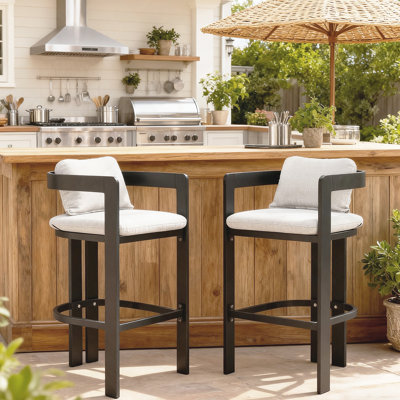 Outdoor Patio Aluminum Counter Stool, Bar Chair, Black Frame with Grey Cushion, Set of 2