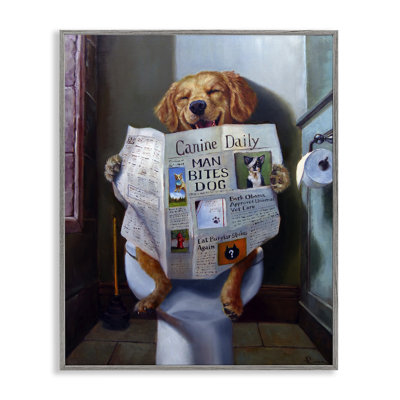Dog Reading the Newspaper On Toilet Funny Painting Gray Farmhouse Rustic Framed Giclee Texturized Art by Lucia Heffernan