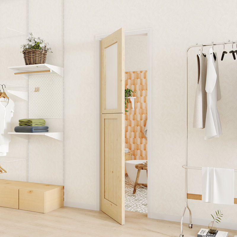 Porte carrée standard en verre givré + bois massif manufacturé sans quincaillerie, 32 po x 80 po
