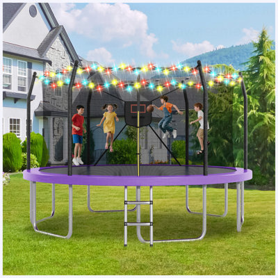 14FT Outdoor Trampoline with LED Lights & Basketball Hoop, Recreational Bounce Trampoline for Kids and Adults, ASTM Approved