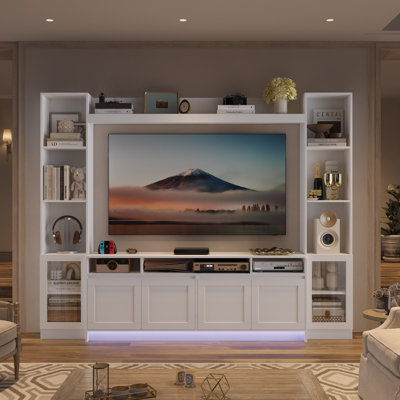 79'' W Entertainment Centre For Tvs Up To 60", Wall Unit TV Stand With Bookshelves and Led Light, White