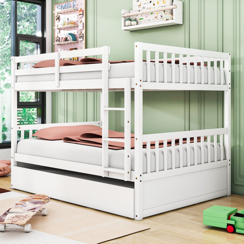 Full Over Full Wood Bunk Bed With Twin Trundle, Ladder And Guardrails, White