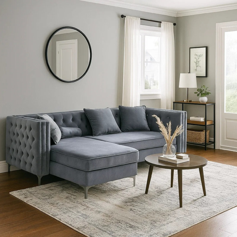 Canapé modulaire Amna, méridienne de rangement, flanelle capitonnée grise, 108 po