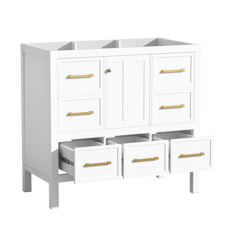 Armoire de salle de bain blanche en bois massif avec 5 tiroirs, fermeture en douceur, portes de meuble-lavabo 36 po, White