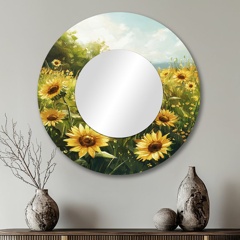 «Yellow Summer Sunflower Meadows» - art mural miroir tournesols - imprimé sur métal, 29 po x 29 po