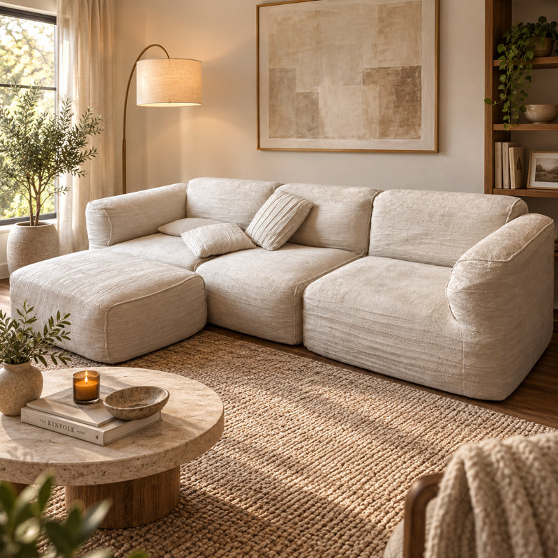 Canapé modulaire de 112 po avec repose-pieds et coussins moelleux pour salon moderne